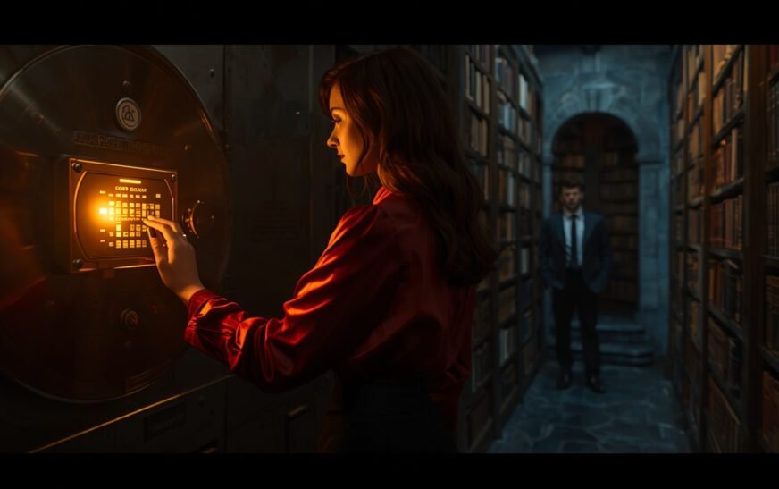 Seraphine evaluates the digital controls while trapped inside the secure crimson vault.