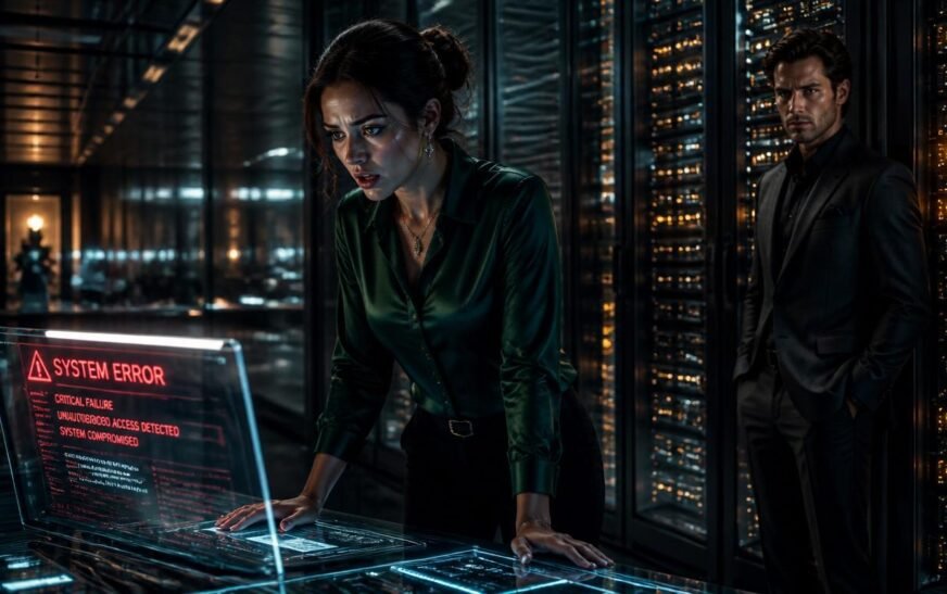 Isolde evaluates the glowing digital error message that triggered the midnight cipher lockdown.