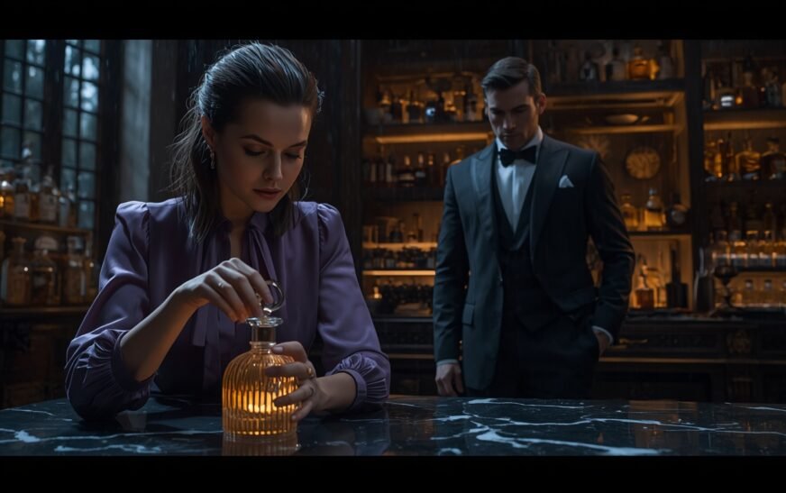 Genevieve evaluates the legal clauses and the glowing vial defining the midnight essence inside her elite laboratory